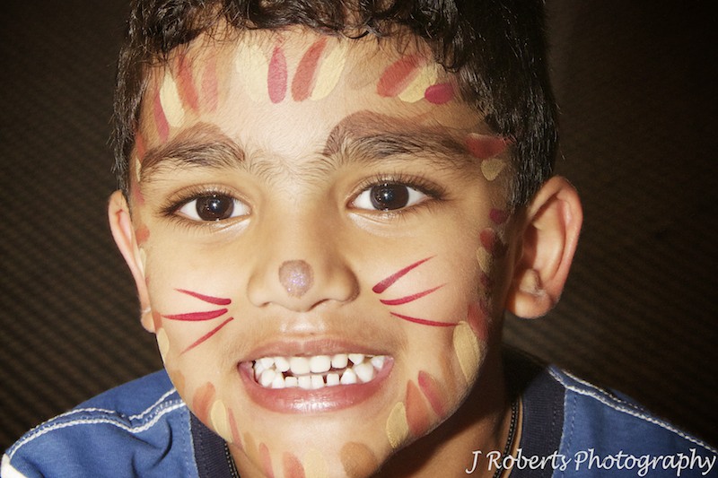 Little boy with tiger face painting at birthday party - party photography sydney